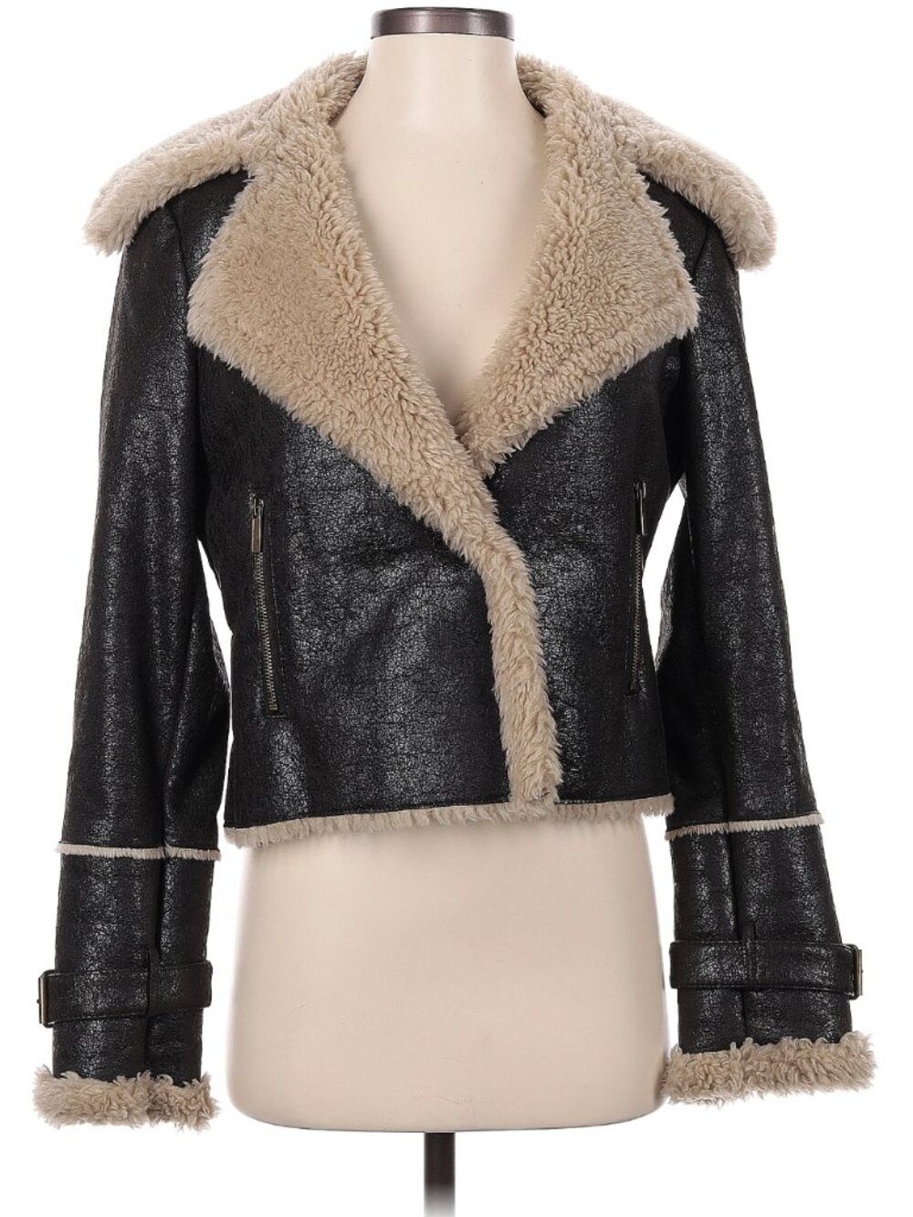 bebe Faux Shearling Aviator Moto Jacket Black Cream Y2K (MISSING TAG)